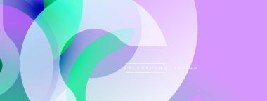 Soyut şekiller örtüşür, yumuşak eğimler yaratır. Mor, yeşil, mavi renkler tasarımda baskın. Minimalist estetik, modern his.