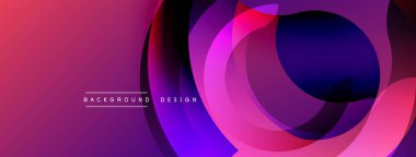Soyut gradyan katmanlar dinamik bileşim oluşturur. Üst üste binen daireler modern görsel efekt oluşturur. Canlı mor renkler tasarıma hakim..