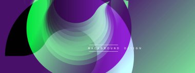 Soyut sıvı şekilleri örtüşür, canlı gradyanlar yaratır. Mor, yeşil renkler kompozisyona hakim. Modern tasarım ögesi.