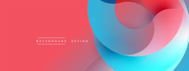 Soyut akışkan şekiller, canlı renkler. Kırmızı zemin mavi, pembe ve beyaz katmanlarla çelişiyor. Modern tasarım ögesi.