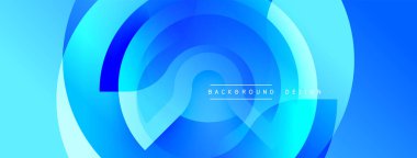Soyut mavi katmanlar dinamik dairesel bileşim oluşturur. Gradyan gölgeler modern görsel cazibe sunar. Minimalist tasarım çeşitli projelere uyar.