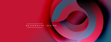 Soyut tasarım katmanlı daireler içerir. Kırmızı baskın, mavi ve mor renklere karışıyor. Minimalist estetik, modern his.