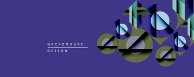 Soyut geometrik bileşim. Üst üste binen daireler, dikdörtgenler katmanlı derinlik yaratır. Mavi, yeşil renkler mor arkaplana hakim. Arka planlar için modern tasarım ögesi.