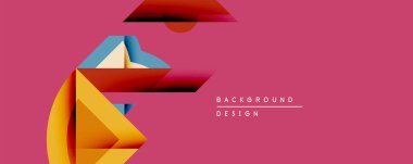 Soyut geometrik tasarım üst üste binen renkli şekiller içerir. Kırmızı, turuncu, mavi katmanlar pembe zemine karşı dinamik bir kompozisyon oluşturuyor. Modern estetik, temiz çizgiler.