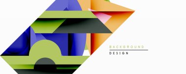 Soyut geometrik bileşim. Üst üste binen şekiller dinamik görsel efekt yaratır. Parlak renkler, gradyanlar, modern tasarım elementleri mevcut. Minimalist tarz, temiz çizgiler, çağdaş estetik..