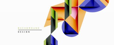 Soyut geometrik tasarım üst üste binen canlı şekiller içerir. Turuncu, mavi, yeşil renkler beyaz zemine karşı dinamik kompozisyon oluşturur. Modern tarz, temiz çizgiler, gradyan etkiler.