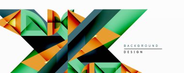 Soyut geometrik bileşim. Çokgenler çakışıyor, dinamik görsel etki yaratıyor. Turuncu, yeşil, koyu tonlar dizaynın hakimi. Modern tarz, temiz çizgiler, minimalist estetik..