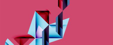 Soyut geometrik bileşim. Açısal şekiller kesişiyor, dinamik görsel etki yaratıyor. Kırmızı, mavi, mor renkler pembe arkaplanla tezat oluşturuyor. Modern tasarım.