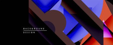 Soyut geometrik tasarım. Üst üste binen şekiller dinamik bileşim yaratır. Mavi, mor, kırmızı renkler koyu arkaplana hakim. Modern estetik, canlı renkler.