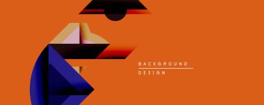 Soyut geometrik şekiller örtüşür, dinamik bileşim yaratır. Sıcak turuncu arka plan, havalı mavilerin, morların, altın tonların zıttıdır. Modern tasarım derinliği ve hareketi çağrıştırıyor..