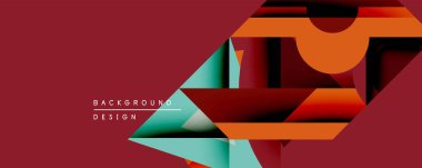 Soyut geometrik bileşim. Üst üste binen şekiller dinamik görsel efekt yaratır. Sıcak, serin renkler koyu kırmızı arka plana karşı. Modern tasarım ögesi.