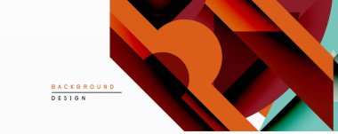 Soyut geometrik bileşim. Üst üste binen katmanlar, sıcak turuncu, mavi aksanlı kırmızı renkler kullanarak derinlik yaratır. Arkaplan ve sunumlar için modern tasarım.