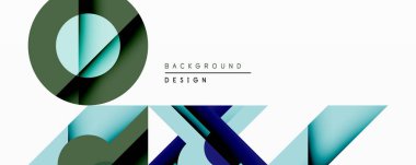 Soyut geometrik bileşim. Üst üste binen şekiller derinlik yaratır, havalı maviler, koyu yeşiller, deniz tonları kullanır. Özgeçmiş ve sunumlar için uygun minimalist tasarım.