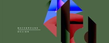 Soyut geometrik tasarım canlı kırmızı ve mavi gradyanlara sahiptir. Şekiller örtüşüyor derinlik yaratıyor, gölgeler sessiz zeytin arka planda. Modern estetik, temiz çizgiler.