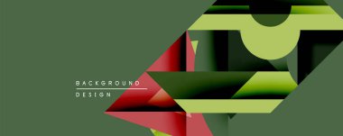Soyut geometrik bileşim. Üst üste binen şekiller dinamik görsel efekt yaratır. Yeşil, kırmızı, siyah renkler tasarımda baskın. Modern tarz, arka planlar için uygun.