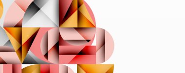 Soyut geometrik bileşim. Üst üste binen şekiller dinamik görsel efekt yaratır. Sıcak, serin renkler harmanlanır, modern tasarım oluşturulur.