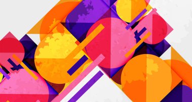 Soyut geometrik bileşim. Canlı renkler örtüşüyor, dinamik görsel doku oluşturuyor. Şekiller kesişiyor, karmaşık desenler oluşturuyor.