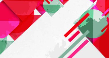 Soyut geometrik bileşim. Üst üste binen şekiller, canlı renkler, dokulu arka plan dinamik görsel efekt oluşturur.