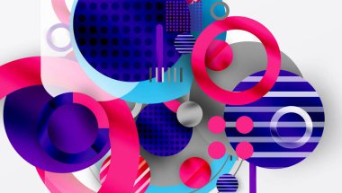 Soyut kompozisyon. Canlı daireler, çizgiler, noktalar dinamik görsel deneyimler yaratır. Modern tasarım, kalın renkler, geometrik şekiller.