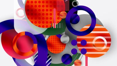 Soyut kompozisyon. Üst üste binen daireler, kareler, noktalar canlı, modern görsel deneyimler yaratır. Kalın renkler tasarıma hakim.