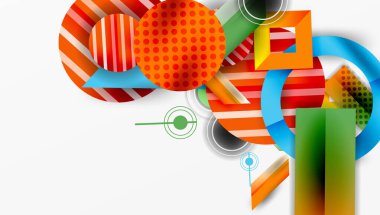 Soyut geometrik şekiller, canlı renkler, dinamik bileşim. Çemberler, kareler, çizgiler modern tasarım yaratır.