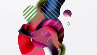 Soyut renkli şekiller çakışıyor. Akışkan çizgiler, daireler, çizgiler dinamik bileşim oluşturur. Modern tasarım elemanları.