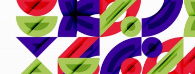 Soyut geometrik desen. Kalın şekiller örtüşür, canlı görsel doku oluşturur. Kırmızı, yeşil, mor baskın beyaz arkaplan.