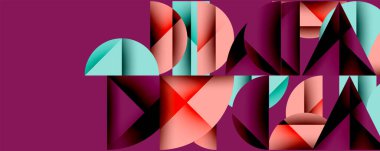 Soyut geometrik şekiller örtüşür, dinamik bileşim yaratır. Renkler arasında pembe, deniz mavisi, mor renkler var. Modern tasarım elemanları.