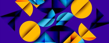 Soyut geometrik şekiller örtüşür ve canlı bir bileşim yaratır. Sarı, mavi, mor renkler tasarımda baskın. Modern, dinamik görsel.