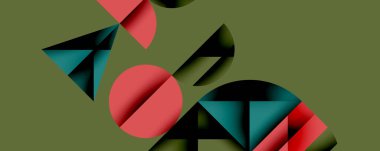 Soyut geometrik şekiller örtüşür, dinamik bileşim yaratır. Kırmızı, deniz mavisi, siyah zıtlık zeytin arka planda. Modern tasarım.