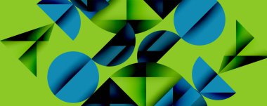 Soyut geometrik bileşim. Daireler, üçgenler üst üste binerek dinamik görsel efekt yaratır. Yeşil arkaplan baskın.