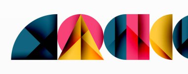 Soyut geometrik şekiller, canlı renkler, üst üste binen bölümler. Modern tasarım, temiz çizgiler, sanatsal kompozisyon.