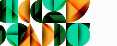 Soyut geometrik bileşim. Üst üste binen yarım daireler dinamik desen oluşturur. Renkler arasında yeşil, turuncu, koyu gölgeler var. Minimalist tasarım.