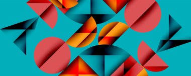 Soyut geometrik bileşim. Üst üste binen şekiller dinamik görsel doku yaratır. Kırmızı, turuncu, siyah kontrast turkuaz arkaplan.