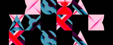 Soyut geometrik şekiller örtüşür, dinamik bileşim yaratır. Pembe, kırmızı, deniz mavisi renkleri siyah arkaplana hükmediyor. Modern tasarım.