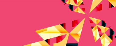 Soyut geometrik şekiller, pembe arkaplan karşısında parlak sarı renkler. Modern tasarım, dinamik kompozisyon, mevcut temiz çizgiler.