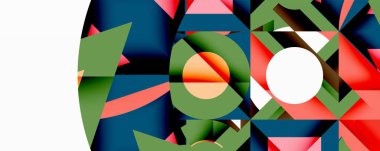 Soyut geometrik bileşim. Şekiller çakışıyor, dinamik görsel etki yaratıyor. Renkler arasında yeşil, kırmızı, deniz, turuncu, beyaz.