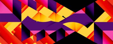 Soyut geometrik desen. Canlı renkler dinamik, simetrik bileşim yaratır. Kalın şekiller kesişir, karmaşık görsel doku oluşturur..