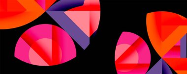 Üst üste binen renkli şekiller içeren soyut bir kompozisyon. Canlı gradyanlar koyu arkaplana karşı dinamik görsel etki yaratır.