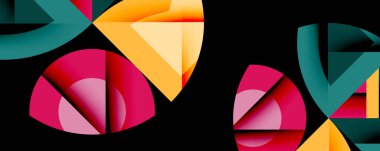 Soyut geometrik şekiller örtüşür, siyah arkaplanda canlı renk eğimleri yaratır. Modern tasarım elementleri dinamik bileşim sunar.