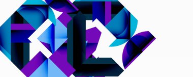 Soyut geometrik bileşim. Mavi, mor renkler baskın gelir. Şekiller çakışıyor, dinamik görsel etki yaratıyor. Modern tasarım ögesi.