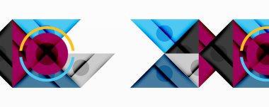 Soyut geometrik desenler. Şekiller çakışıyor, dinamik görsel etki yaratıyor. Renkler arasında mavi, mor, gri, siyah, sarı.