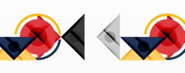 Soyut geometrik tasarımlar. Çemberler, üçgenler, kavisler kesişiyor. Kalın renkler, gri tonlu versiyonla tezat oluşturur. Minimalist kompozisyon.