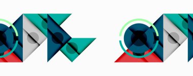 Soyut geometrik şekiller çakışıyor ve modern desenler yaratıyor. Teal, gri, kırmızı renkler kompozisyona hakim. Minimalist tasarım.