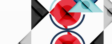 Soyut geometrik bileşim. Üst üste binen şekiller dinamik görsel efekt yaratır. Kırmızı, siyah, açık mavi baskın tasarım. Minimalist stil.