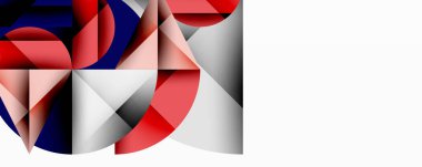 Soyut geometrik bileşim. Kırmızı, mavi, gri, beyaz şekiller kesişir ve dinamik görsel efekt yaratır. Minimalist tasarım.