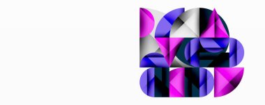 Soyut geometrik bileşim. Şekiller örtüşüyor, dinamik görsel ilgi yaratıyor. Pembe, mor, siyah, beyaz renkler dizayna hakim..