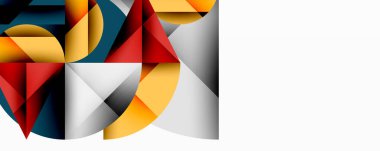 Soyut geometrik bileşim. Şekiller çakışıyor, dinamik görsel etki yaratıyor. Renkler kırmızı, sarı, gri, deniz mavisi. Modern tasarım.