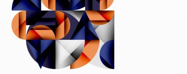 Soyut geometrik bileşim. Üst üste binen şekiller, dinamik görsel ilgi yaratır. Turuncu, donanma, gri tonlar dizaynın hakimi. Minimalist estetik.