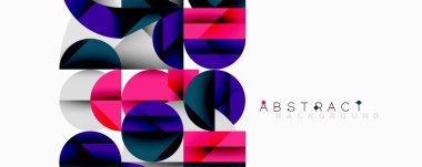 Geometrik şekiller örtüşüyor, canlı renk eğimleri yaratıyor. Modern tasarım pembe, mor, lacivert ve gümüş renklere sahiptir. Minimalist estetik.